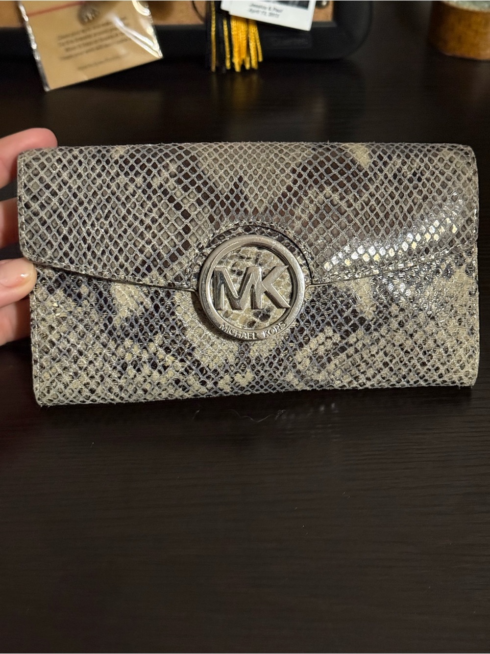 Michael Kors Gray Snake-Print Logo Flap Wallet